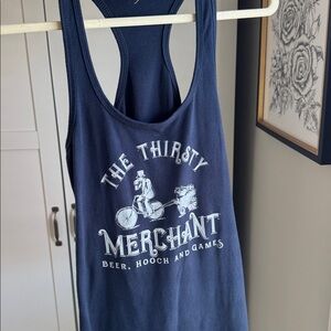 Navy blue graphic tank top “ the thirsty, merchant, beer, hooch and games size M
